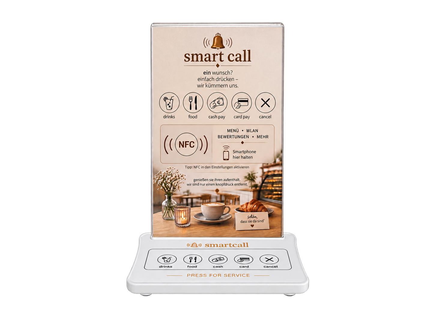 Weißer SmartCall Tischsender mit heller Einlage im Hintergrund
