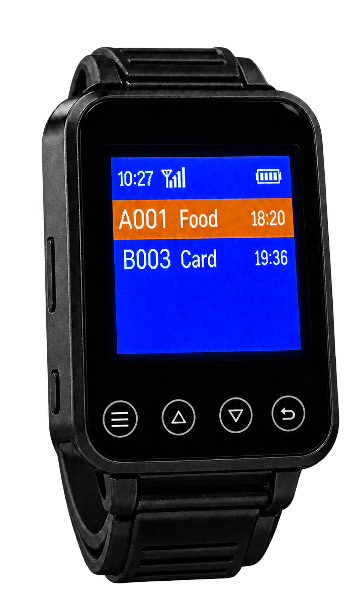 Schwarze SmartCall Pager-Uhr mit zwei angezeigten Rufen